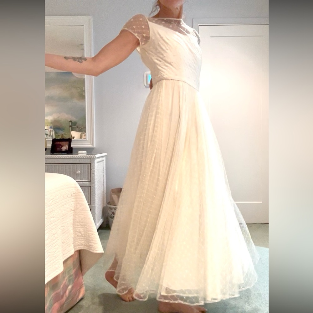 1950’s Vintage Ivory A-line Maxi Dress with Sheer Overlay and Beaded Top. Size 6